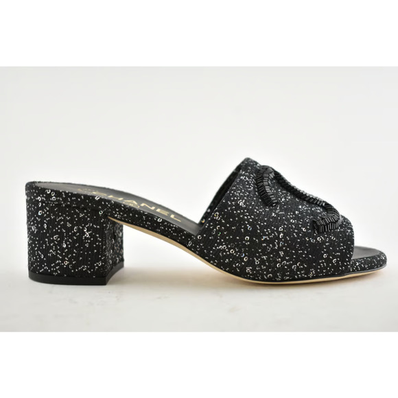 Chanel 19P Black White Fabric CC Logo Backless Slide Mule Sandal Block Heel 35 - Picture 2 of 12